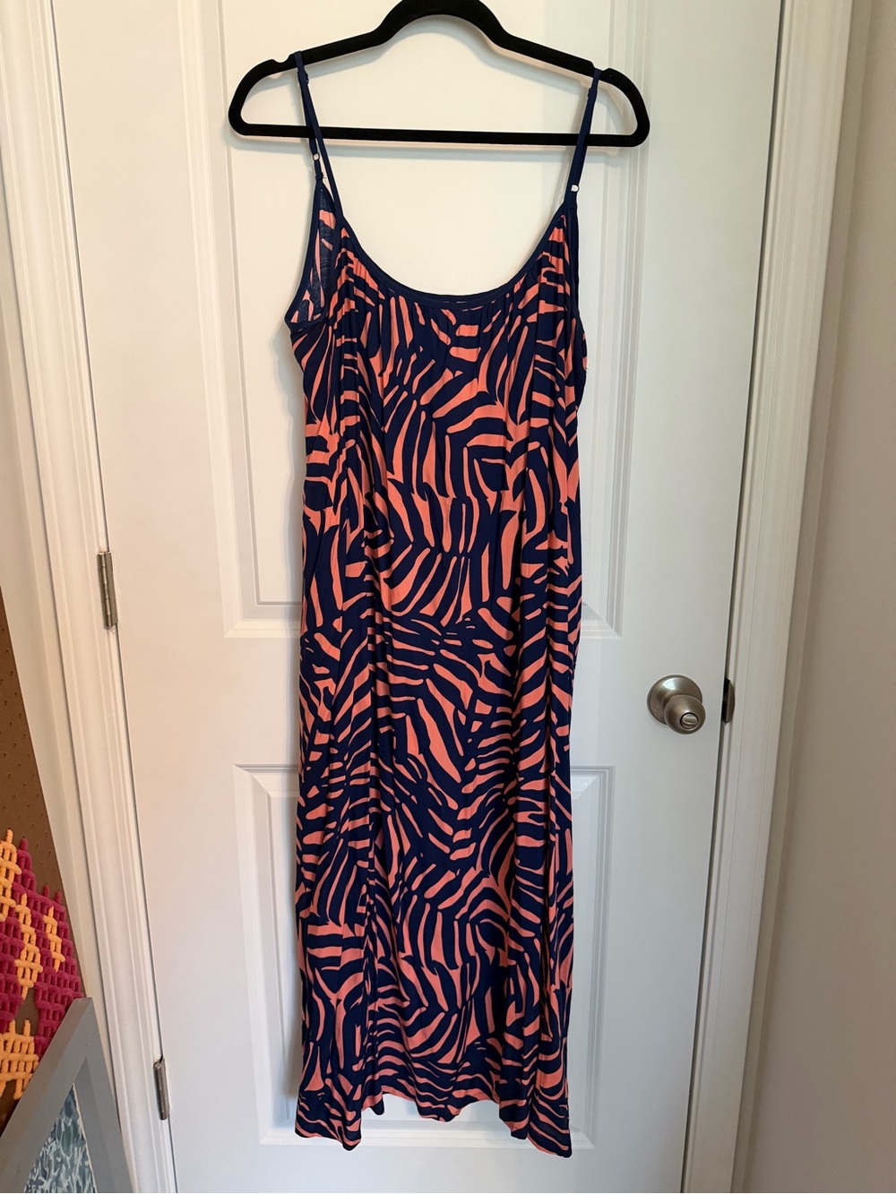 Sleeveless Navy and Coral Palm Print Maxi Dress